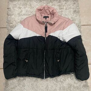 New Look Womens Colorblock Puffer Jacket XL Pink/White/Black Full Zip Polyester